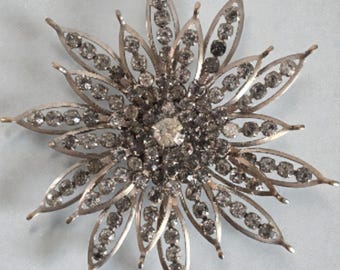 Mid-Century Rhinestone Starburst Brooch – Large Layered Floral Sunburst Pin, Vintage 1950s Sparkle Jewelry