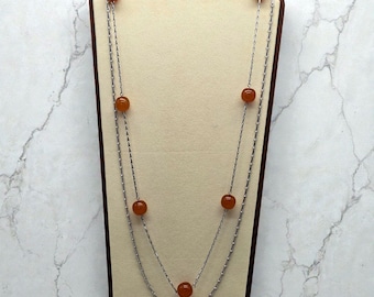 Vintage Czech Art Deco Necklace with Butterscotch Glass Beads | Silver Tone