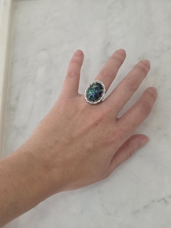 Adjustable Teal Green Statement Ring Silver Tone … - image 6