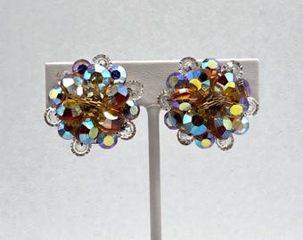 Aurora Borealis Beaded Clip-On Earrings – Amber & Gold Tones