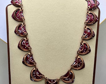 Vintage Copper Red Enamel Necklace Confetti Pattern Mid Century Modern Statement Jewelry