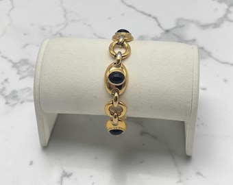 Monet Gold Black Cabochon Bracelet Chunky Link Vintage Designer Jewelry Signed Monet