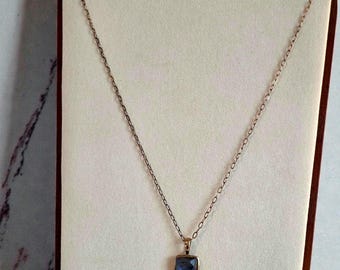 Labradorite Pendant Necklace • 19.5" Gold Plated Chain • Natural Flashy Gemstone • Dainty Blue Flash