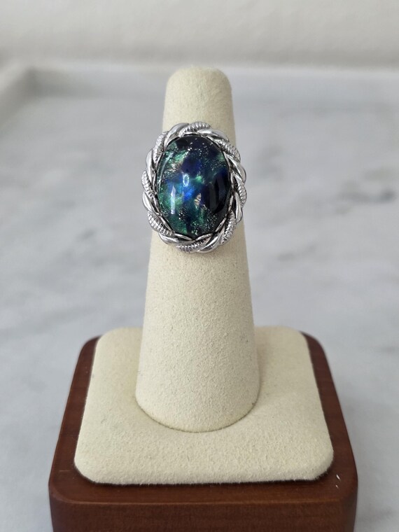 Adjustable Teal Green Statement Ring Silver Tone … - image 2