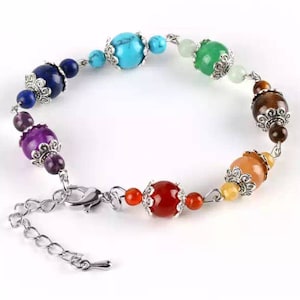 Chakra Healing Bracelet, Chakra Bracelet Yoga Jewelry, Multicolor Stone Bracelet, Rainbow Gem Bracelet, 7 Chakra Silver Chain Bracelet