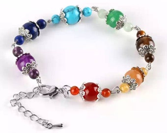 Chakra Healing Bracelet, Chakra Bracelet Yoga Jewelry, Multicolor Stone Bracelet, Rainbow Gem Bracelet, 7 Chakra Silver Chain Bracelet