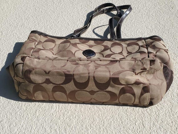 COACH Signature Travel Tote: Beige Brown Leather Shoulder Bag