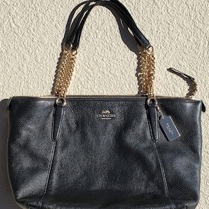 SEXY COACH PURSE, Black Coach Handbag, Coach Collection, Black Coach with Gold Chain and Leather Handles!