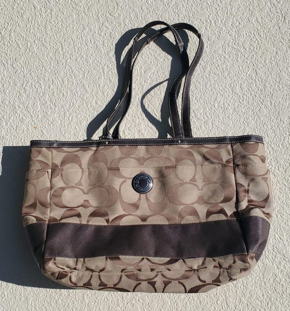 COACH Signature Travel Tote: Beige Brown Leather Shoulder Bag