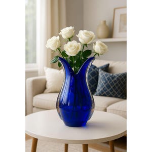 Hand Blown Cobalt Blue Murano Art Glass Vase 10 inches  Decorative Centerpiece