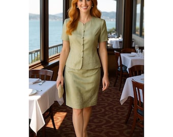 Papell Petites Vintage 90s 8P Sage Green Silk Beaded Skirt Suit Mother Bride