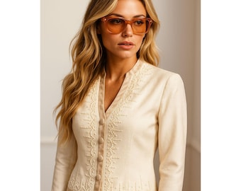 Papell Petites 4P Ivory Silk Beaded Jacket Textured Vintage Cocktail City Chic
