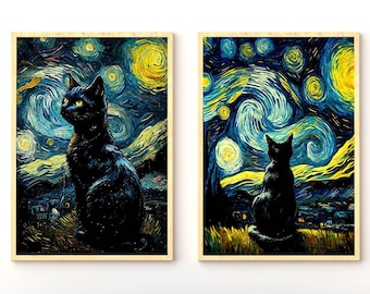 Vincent Van Gogh's The Starry Night Cat Digital Download Art, Van Gogh Cat Poster, Home Decor Download Poster, Set of 2 Black Cat Art