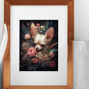 Cute Chihuahua and Plants Flowers Digital Art - High Resolution Wall Decor Download, Animal Portrait Print, Dog Posters, Chihuahua Wall Arts