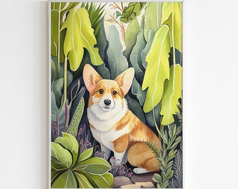 Acuarela Corgi Dog and Plants Digital Download Art - High Resolution Dog Wall Art Print Animal Portrait Print, Dog Posters, Corgi Art