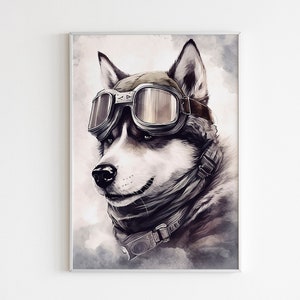 Husky Printable Wall Art for Animal Lovers, Nursery Wall Decor, Watercolor Pilot Husky, Husky Portrait Print, Pilot Flying Dog Posters