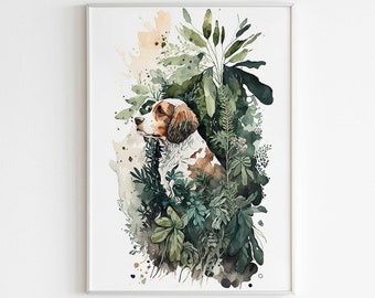 Brown and White Dog and Plants Digital Download Art - High Resolution Dog Wall Art Print Animal Portrait Print, Dog Posters Dog Portrait Art