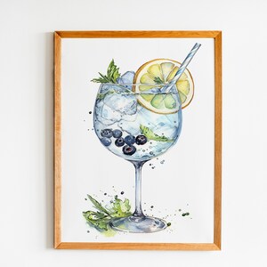 Gin and Tonic Digital Download, Wydrukowana sztuka koktajlowa, Znak drinka Signature do wydrukowania, Wydruk wózka barowego, Wydruk sztuki koktajlowej w akwareli