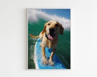 Golden Retriever Printable Wall Art for Animal Lovers, Nursery Wall Decor, surfing Golden Retriever Print, Dog Digital Download, Funny Dog