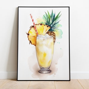 ピニャコラーダ カクテル デジタル ダウンロード、印刷可能なカクテル アート、印刷可能なシグネチャー ドリンク サイン、印刷可能なバー カート、水彩カクテル アート