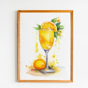 Mimosa Cocktail Digital Download, Wydrukowana sztuka koktajlowa, Znak drinka Signature Printable, Wydrukowany wózek barowy, Akwarelowa sztuka koktajlowa