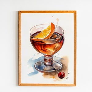 Manhattan Cocktail Digital Download, Wydrukowana sztuka koktajlowa, Znak drinka do wydrukowania, Wydrukowany wózek barowy, Akwarelowa sztuka koktajlowa