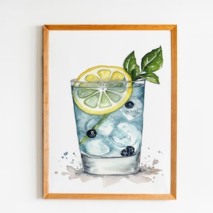 Gin and Tonic Digital Download, Wydrukowana sztuka koktajlowa, Znak drinka Signature do wydrukowania, Wydruk wózka barowego, Wydruk sztuki koktajlowej w akwareli