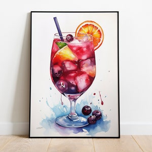 Sangria Cocktail Digital Download, Wydrukowana sztuka koktajlowa, Znak drinka Signature Printable, Wydrukowany wózek barowy, Akwarelowa sztuka koktajlowa