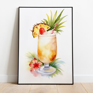 Pina Colada Cocktail Digital Download, Wydrukowana sztuka koktajlowa, Znak drinka Signature Printable, Wydrukowany wózek barowy, Akwarelowa sztuka koktajlowa