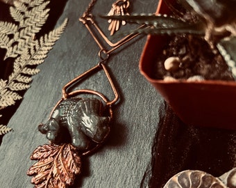 The Seraphina Collection: Geometric Triceratops Carved Labradorite and Fern Electroformed Copper Pendant Necklace