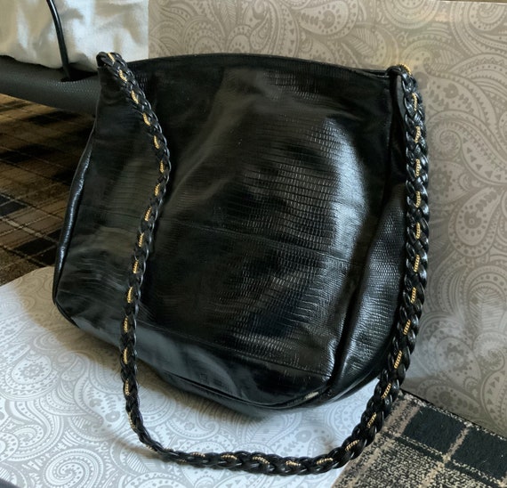 Vintage Susan Gail for Bellido Black Leather Purse Snakeskin Look 
