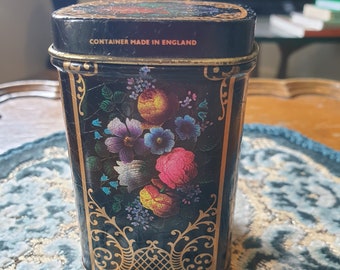 Vintage Floral Tea Small tea tin Wilson's? Tea Tin Made in England Floral Black Gold Canister Flowers & lace Small lidded Container As found