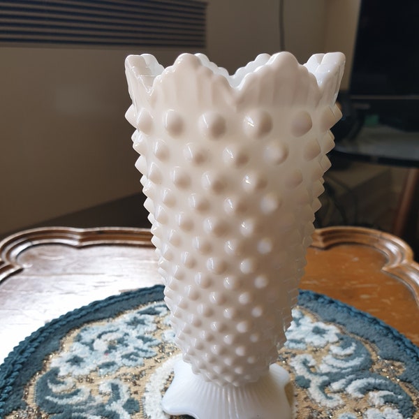 Vintage Fenton Hobnail Milk vase 1962 Fenton Hobnail Milk Glass Small Crown Top Vase - 5"  height x 2.5" diameter