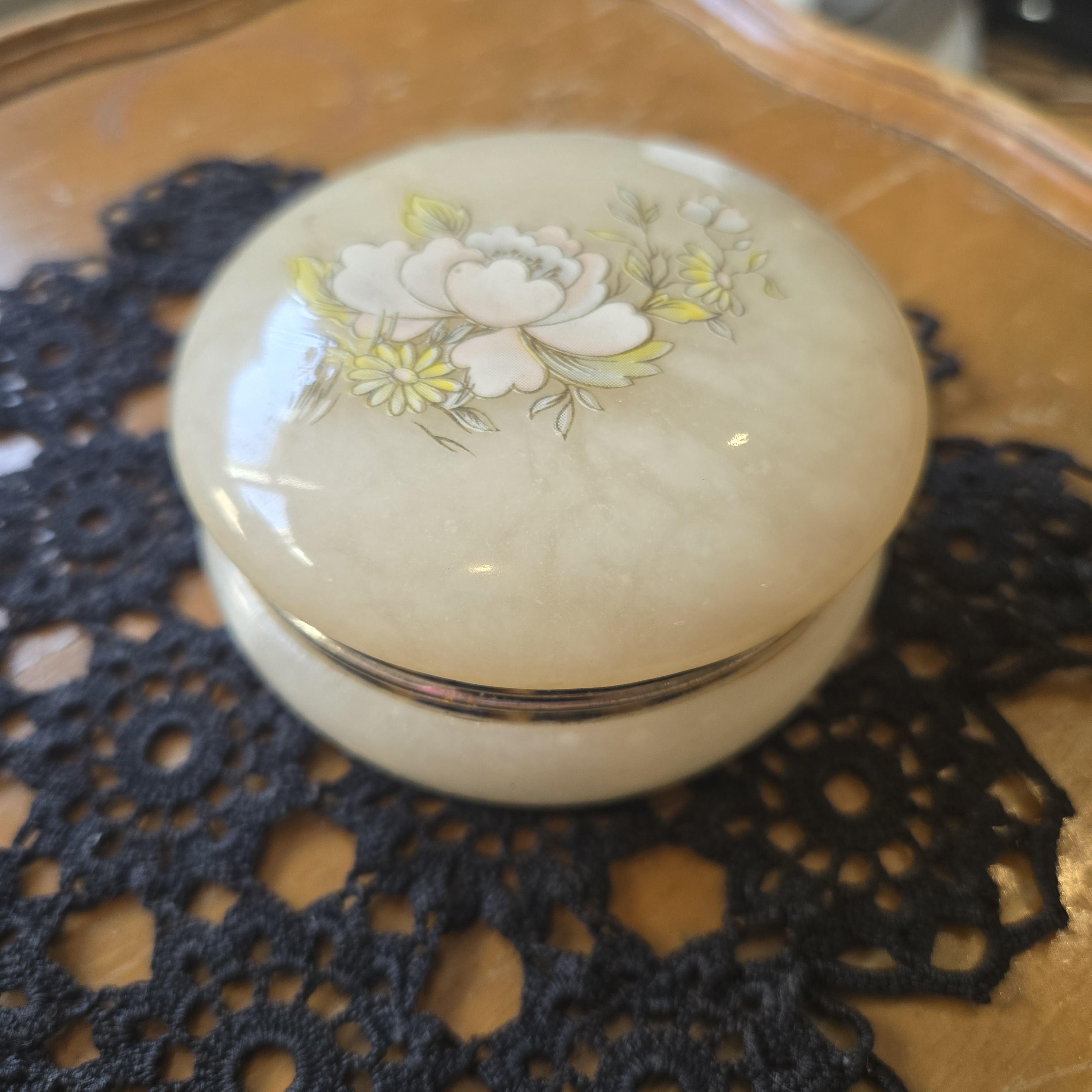 Vintage Hand Carved Genuine Alabaster Jewelry Box, Made in