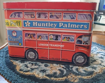 Beautiful Vintage Huntley Palmers London Transport  Empty Lemon Puff Biscuit Tin Red bus tin collectible tin hinged tin Made in England