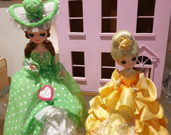 Darling 1970s Vintage Korean Bradley Doll Lime green polka dot dress & Bonnet Korea doll w/ stand 18"/ Bradley Yellow dress 14" doll