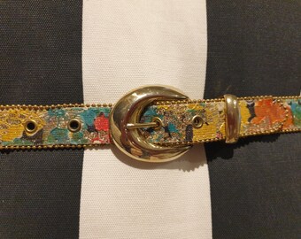 Stunning Vintage Rainbow Floral glitter tapestry ELITE Fresno California belt Unique belt in great cond. LARGE 1980s Belt 37" without buckle