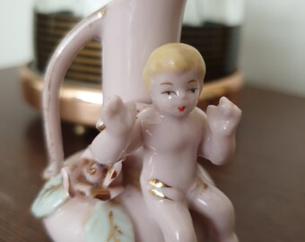 Adorable Vintage 1950s Ceramic Porcelain figurine Little pink cherub with Vase ceramic figurine with gold accents Probably from Japan
