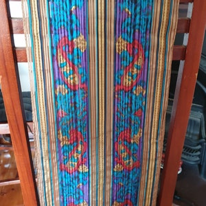 Beautiful Vintage scarf  Elaine Gold 100% Silk Scarf Paisley Art deco like motif handstitched edges Gold Blue  Red Long Sheer Designer Scarf