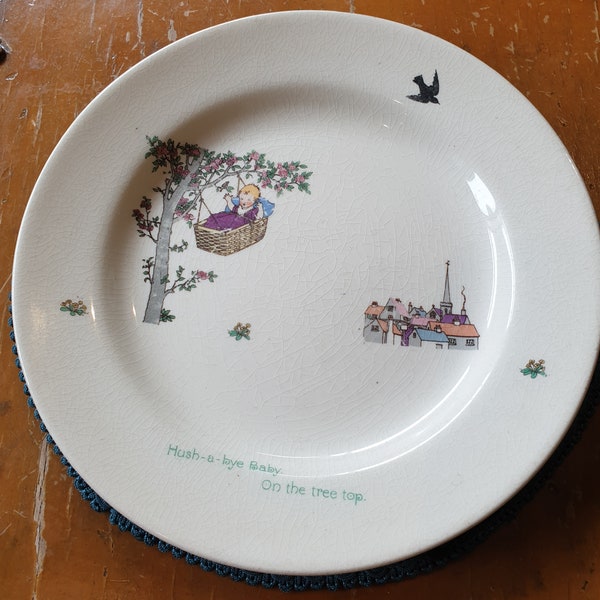 Rare Vintage 1930s Royal Doulton Baby Plate Antique Children Dish Hush-a-bye baby Nursery Rhyme plate Vintage Baby Plate children's plate
