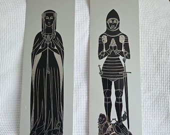 Super rare Vintage Wall Plaque set Medieval wall metal plates w/ screws depicting brass rubbing of English Knight Thomas de Cruwe & wife