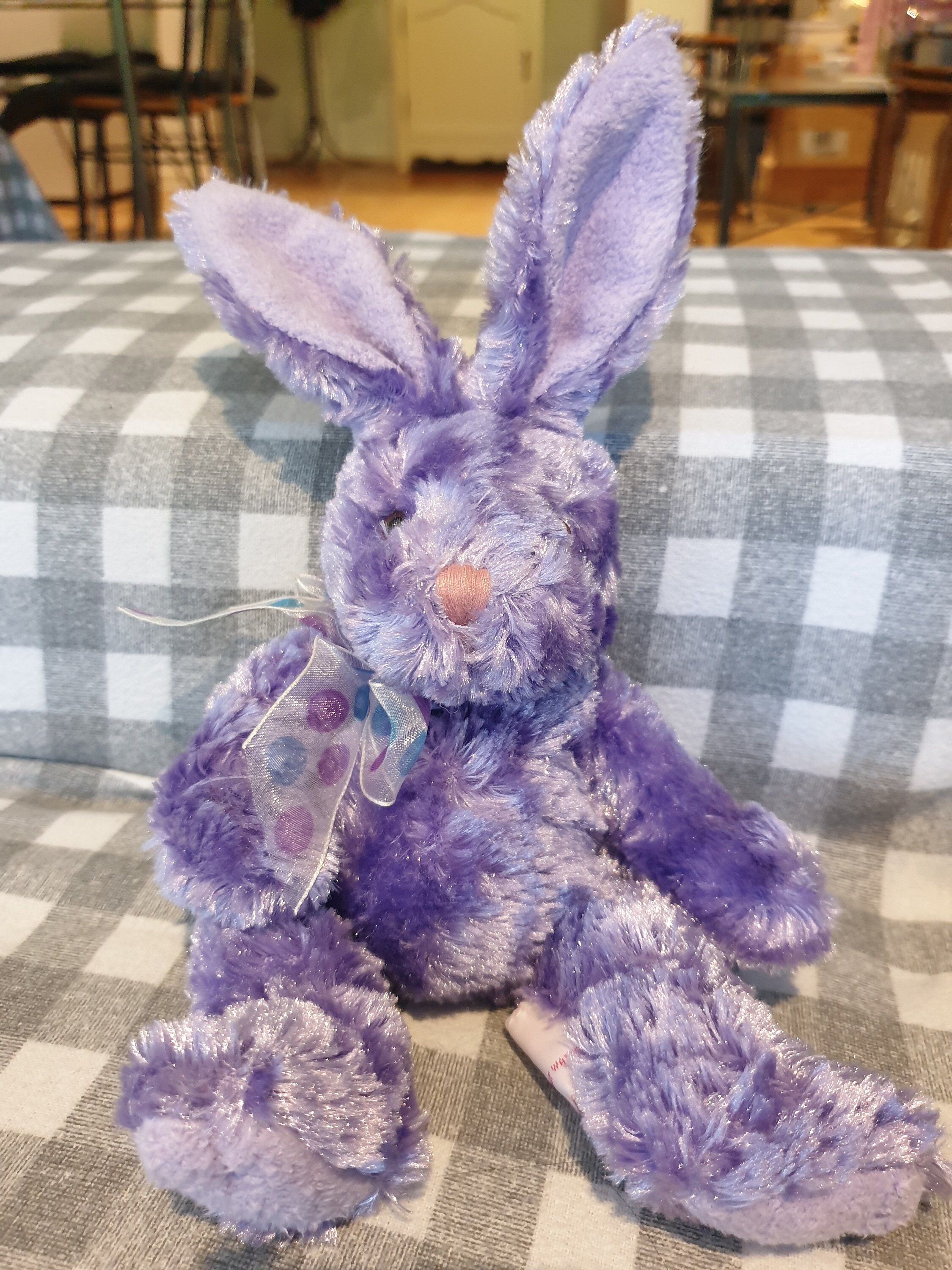 Lovely Vintage Russ Berrie Bunny Rabbit Lilac bunny Purple bunny Bow Silky Plush Stuffed Animal Easter Bunny rabbit plush polka dot bow