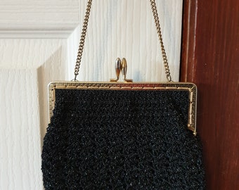 Vintage 50s 60s crocheted black evening bag raffia bag metallic yarn with gold tone metal header and strap