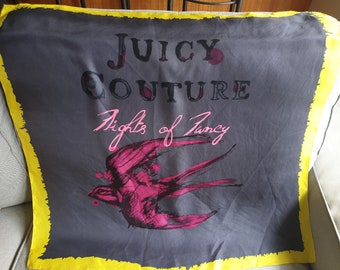 Rare Vintage Juicy Couture silk scarf Flights of fancy scarf Print scarf bird scarf Grey Hot pink and yellow colours