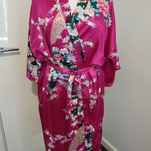 Gorgeous Vintage Satin Belted Pink Oriental Village Silk Collection Summer Kimono Floral kimono robe featuring peacocks, flowers & blossoms