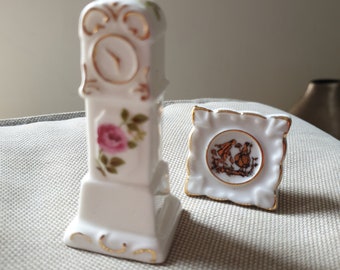 Gorgeous Vintage Limoges style Miniature frame White and gold from Japan / Fine Bone China mini  Grandfather's  Clock With Roses from Taiwan