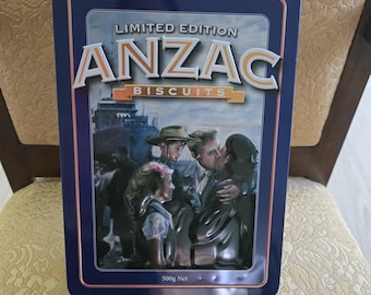 Rare Vintage tin Unibic ANZAC Biscuits ‘The Return’, Australian edition, 500g. Biscuit Tin, c.2009 Rectangular tin Anzac tin As found