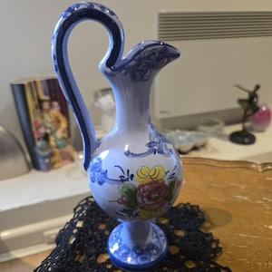 Vintage Alcobaca Portugal Pottery Pitcher: Hand-Painted Blue Floral Vase
