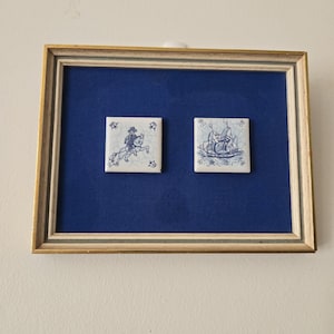 Vintage 50s Pair of Dutch mini Ceramic Wall Tiles Framed tiles Driessen chocolate tiles Blue & White Wall Tiles Dutch tiles decorative tiles