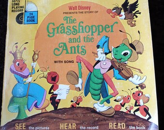 1968 Disneyland Record and Book The Grasshopper and the Ants Walt Disney vinyl See Hear Read series 7 inch 33 1/3 RPM 60s Disney book & LP